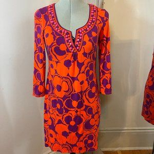 Boden Retro Print Embellished Neck Jersey Tunic Dress